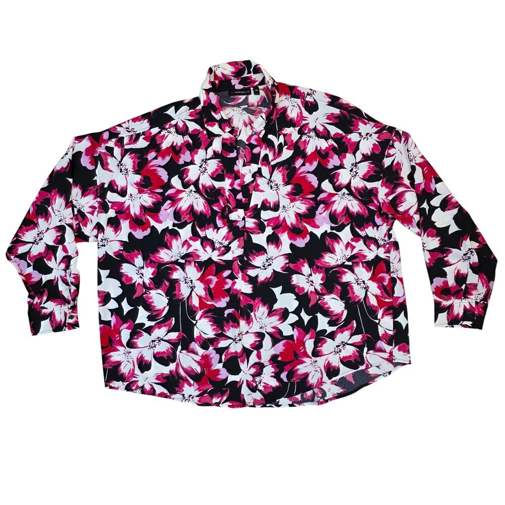 Rafaella Floral Blouse Womens XXL Pink Black Button Down Long Sleeve NWOT